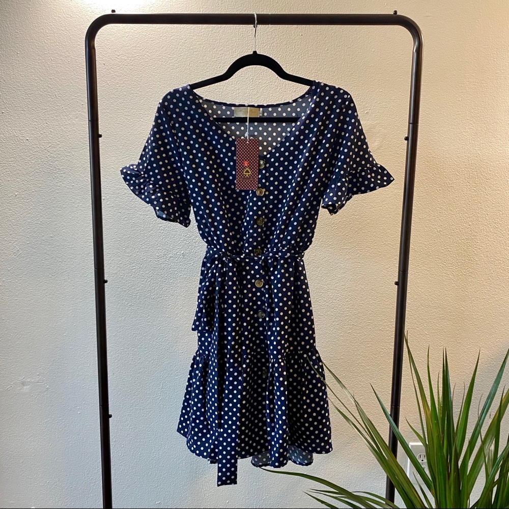 Navy blue white polka dot midi dress